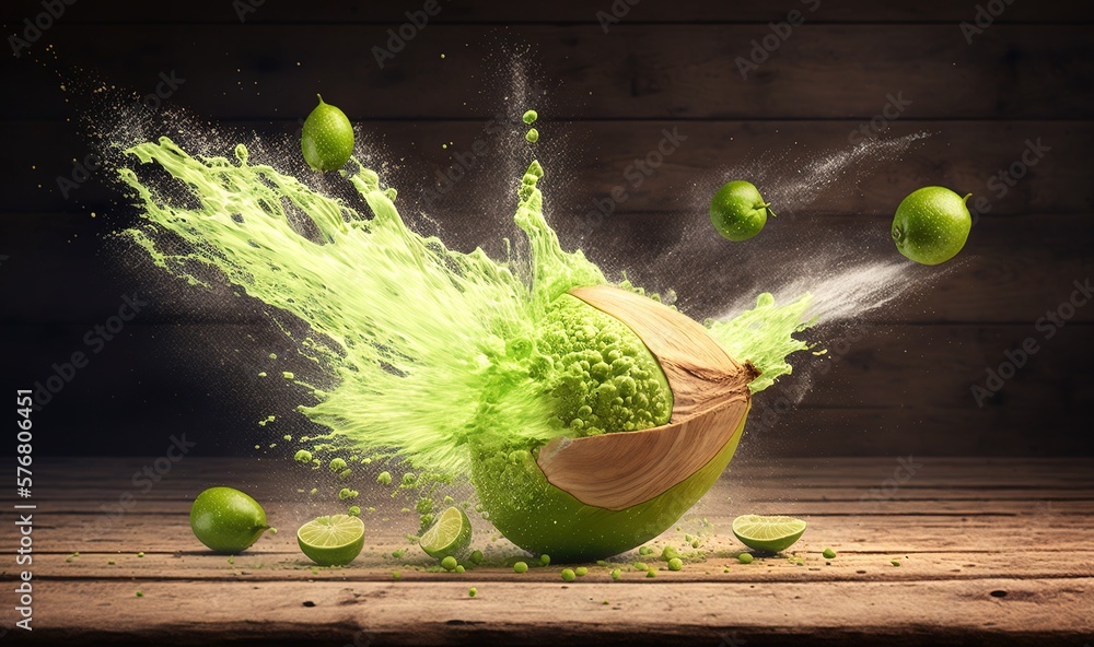  a green apple with a splash of juice on top of it and some limes around it on a wooden table with a