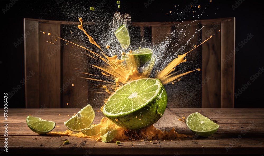  a lime is hitting into a pile of orange juice with a splash of orange juice on top of it and on a w