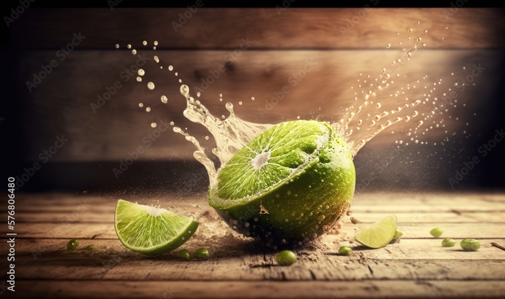  a lime is being splashed with water on a wooden surface with a wooden background and a wooden plank