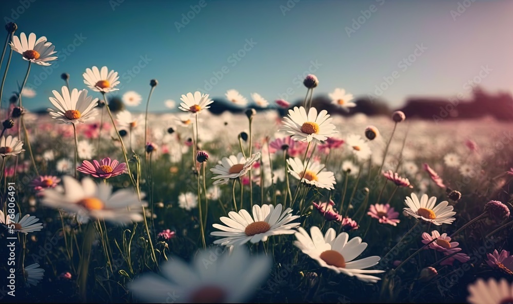  a field full of white and pink flowers with a blue sky in the background of the photo is a field of