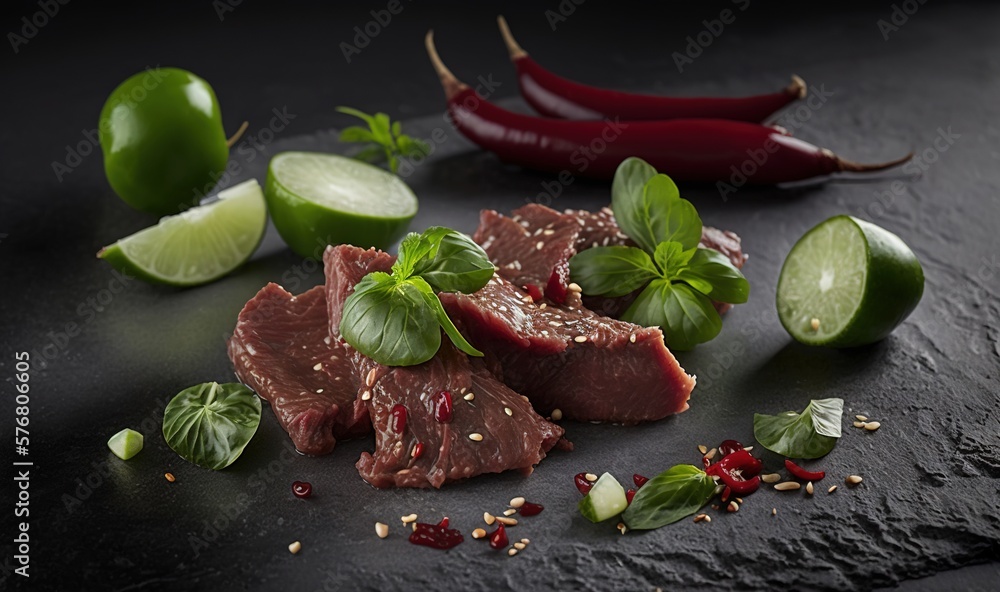  a black plate topped with sliced meat and green vegetables next to peppers and limes on top of a bl