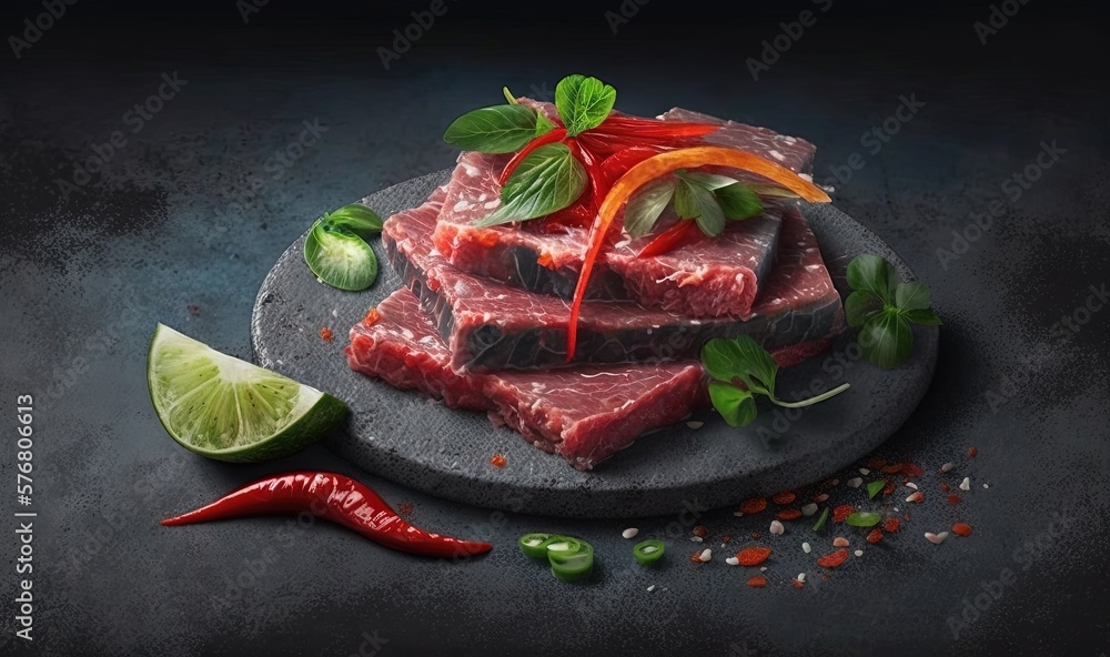  a plate of raw meat with a lime and chili on the side and a lime slice on the side of the plate, wi