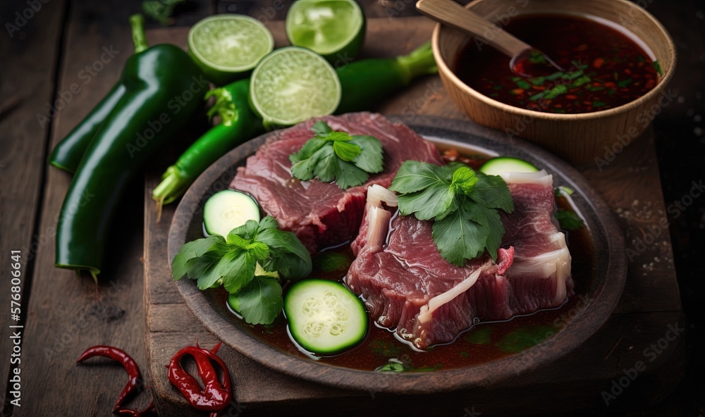  a plate of meat and vegetables on a wooden table next to a bowl of soup and a spoon with a spoon in