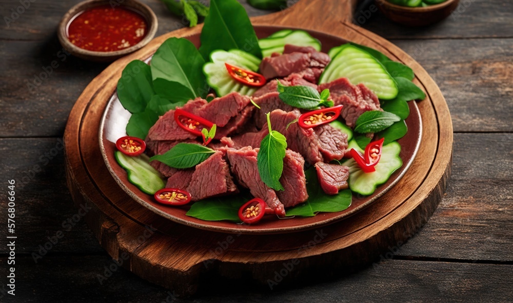  a plate of food with meat and vegetables on a wooden plate with sauces and a spoon on the side of t