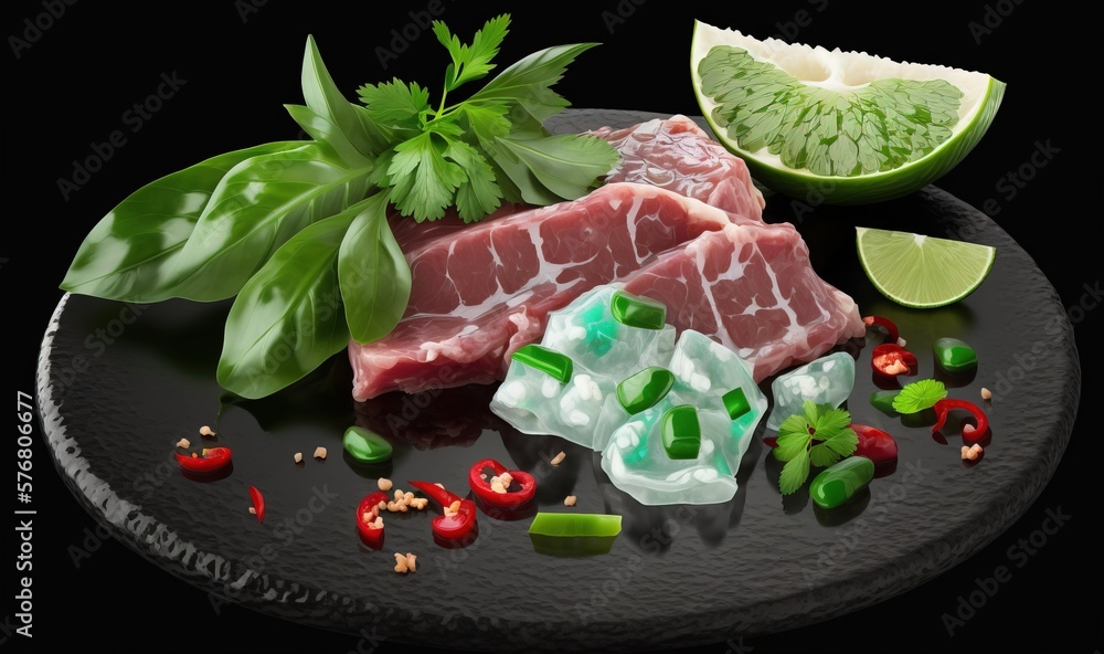  a black plate topped with pieces of meat next to a slice of lime and a slice of green pepper on top