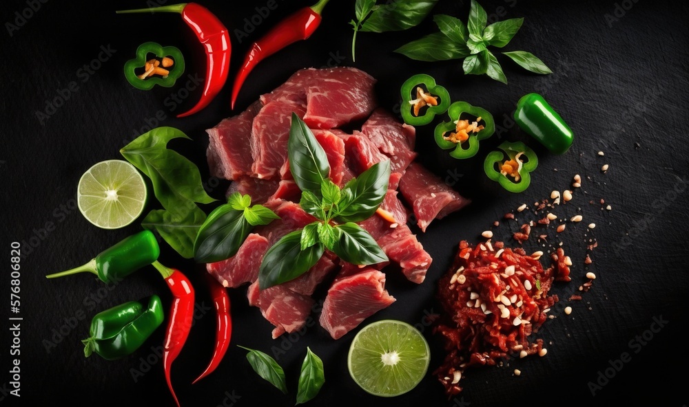  a black table topped with sliced meat and green peppers next to peppers and limes on top of a black