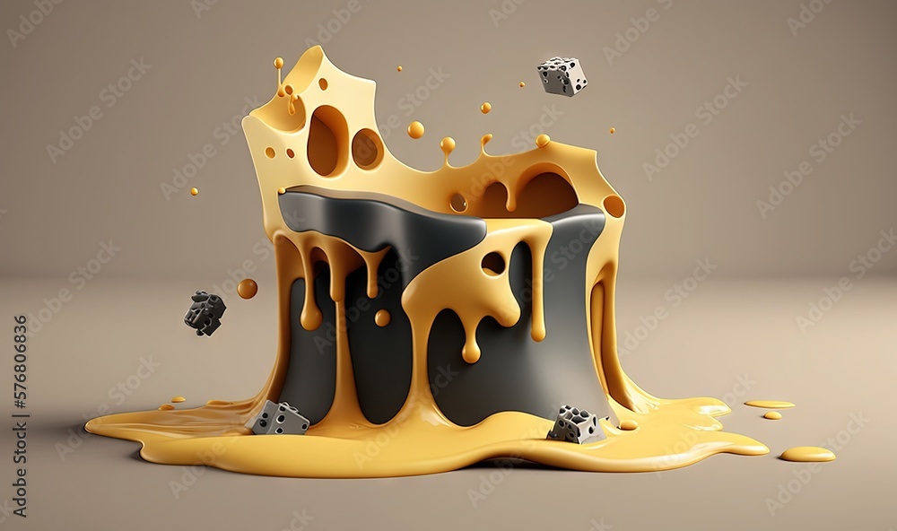  a yellow and black liquid pouring out of a hole in the ground with dices falling from it on a gray 