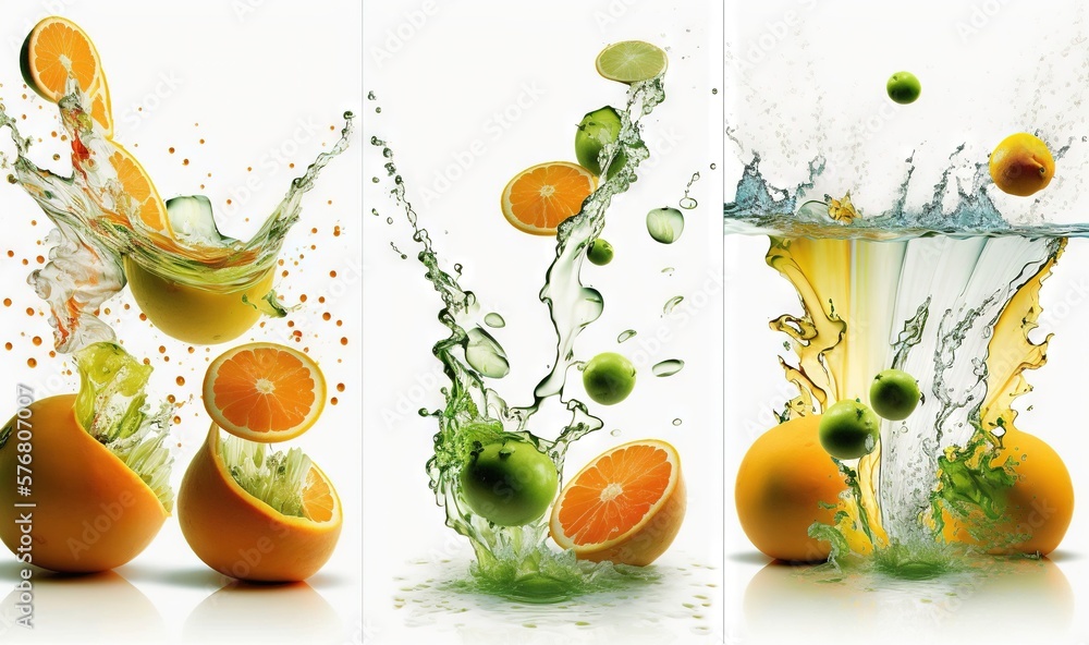  a series of three images of oranges being dropped into a glass of water with a splash of water on t