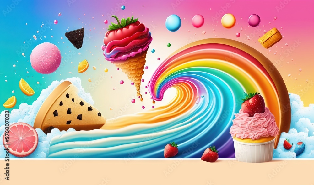  a painting of ice cream, fruit, and a rainbow swirl with a rainbow wave coming out of the ice cream