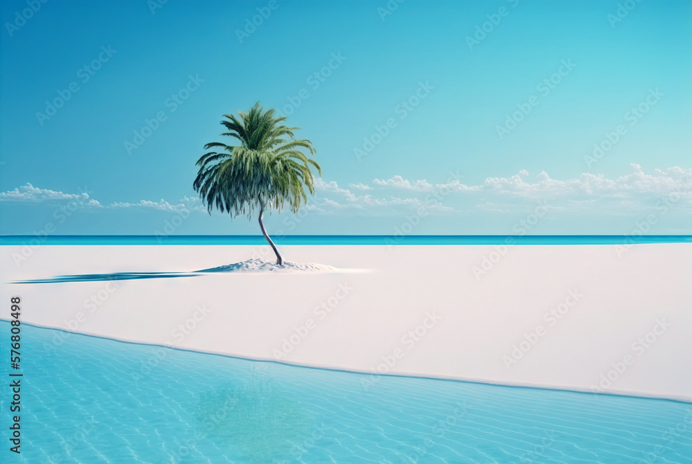 One palm on a empty white beach. Idyllic tropical seascape. Paradise beach. Generative AI