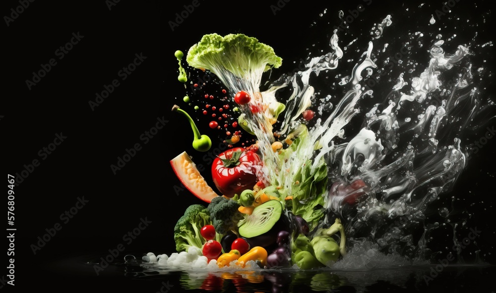  a splash of water on a pile of vegetables and fruits on a black background with a reflection of the