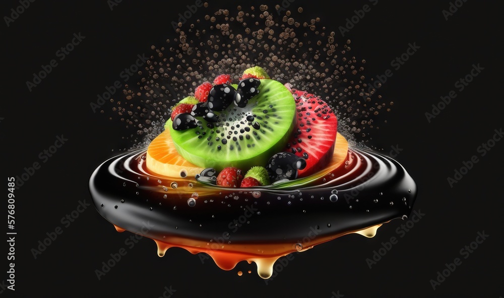  a kiwi fruit slice is falling into a puddle of liquid on a black background with a splash of orange