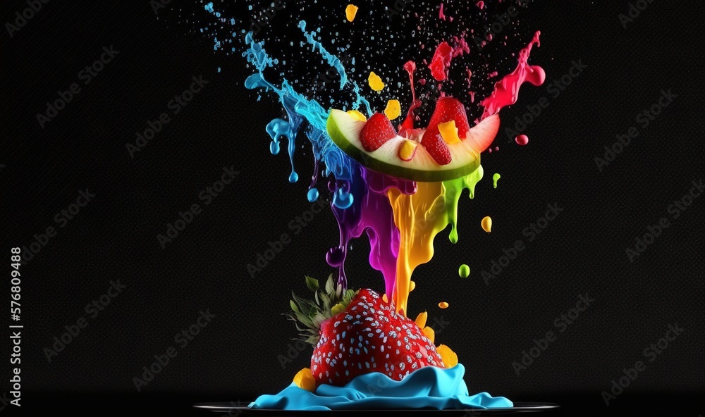  a fruit splashing out of a plate of fruit on a black background with a splash of paint on the top o