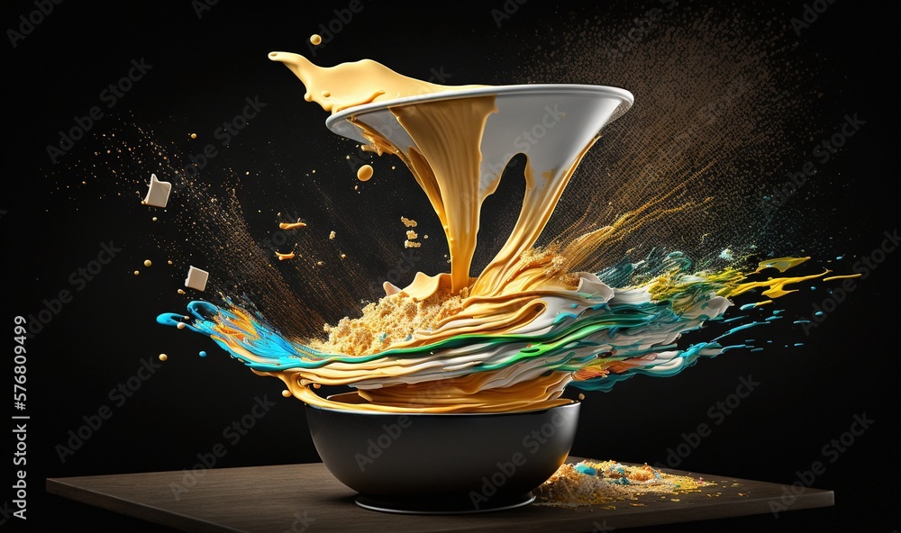  a vase with a splash of liquid on it and a black background with a splash of gold and blue on the t