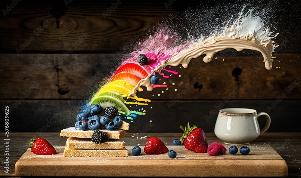  a wooden cutting board topped with fruit next to a cup of milk and a rainbow colored splash of milk