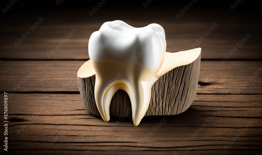  a tooth that is on top of a piece of wood on a wooden table with a black background and a white too