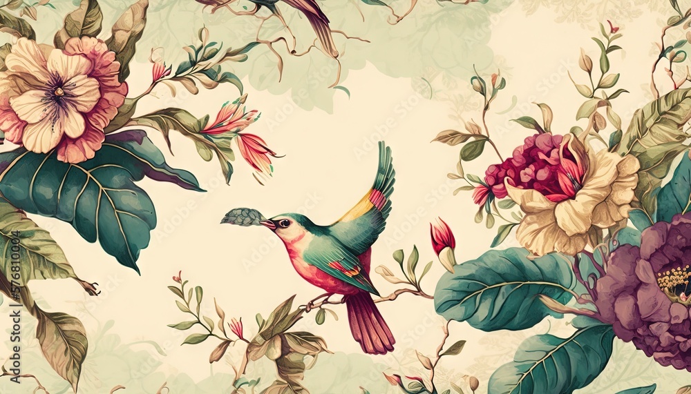  a bird sitting on top of a branch of a tree next to flowers and leaves on a white wallpapered backg