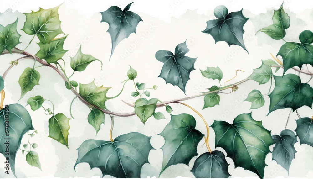  a painting of ivy leaves on a white background with green leaves on the vine and green leaves on th