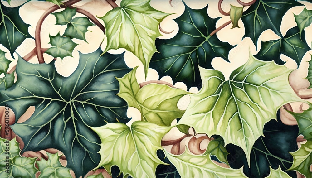  a painting of leaves and acorns on a white background with green and brown accents on the edges of 