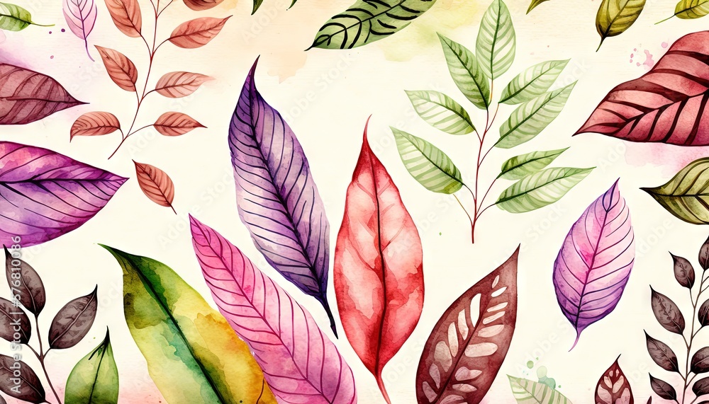  a painting of a bunch of leaves on a white background with a watercolor effect of red, green, purpl