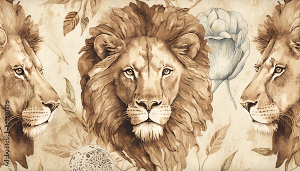  a picture of three lions on a wallpaper background with flowers and leaves on the sides of the pict