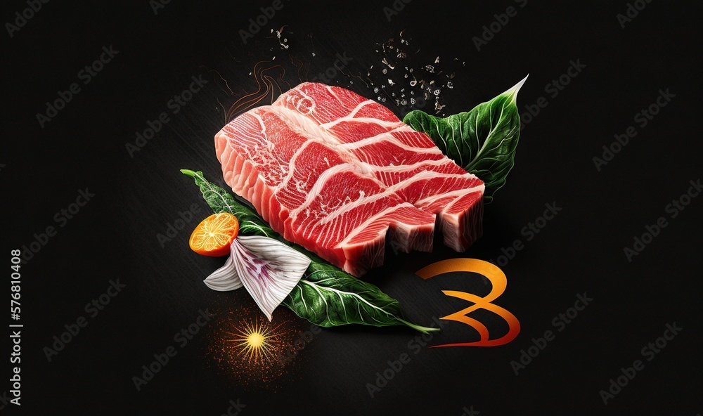  a piece of meat with a leafy decoration on top of it and a flower on the side of the piece of meat 