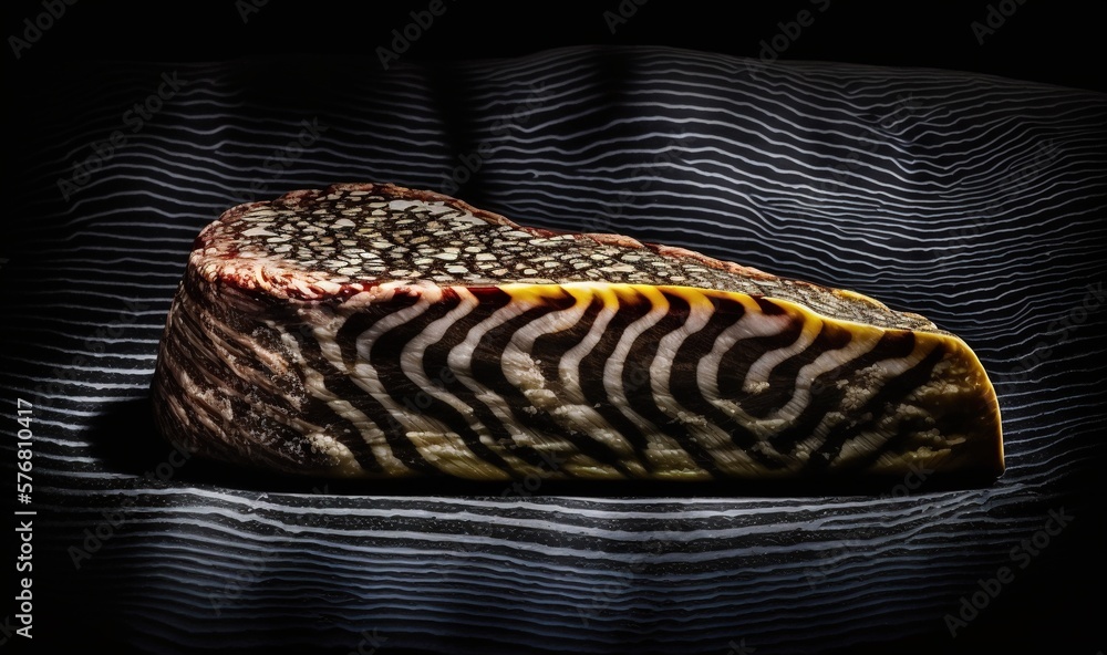  a piece of meat with a zebra pattern on its side and a black background with wavy lines in the bac