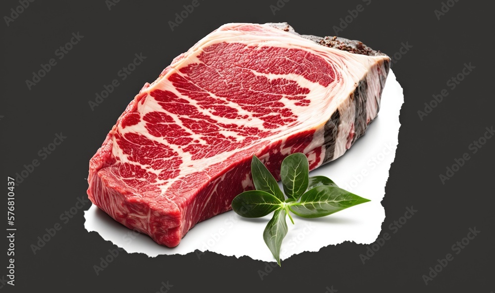  a piece of raw meat with a leaf on top of it on a piece of white paper with a black background and 