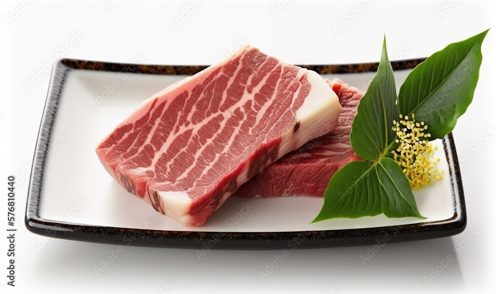  two pieces of raw meat on a plate with a green leaf on the side of the plate and another piece of r