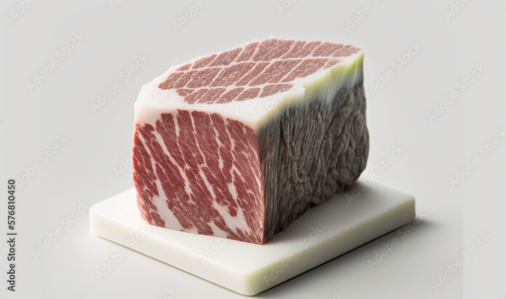  a piece of raw meat on a white plate on a white surface with a green slice of meat in the middle of