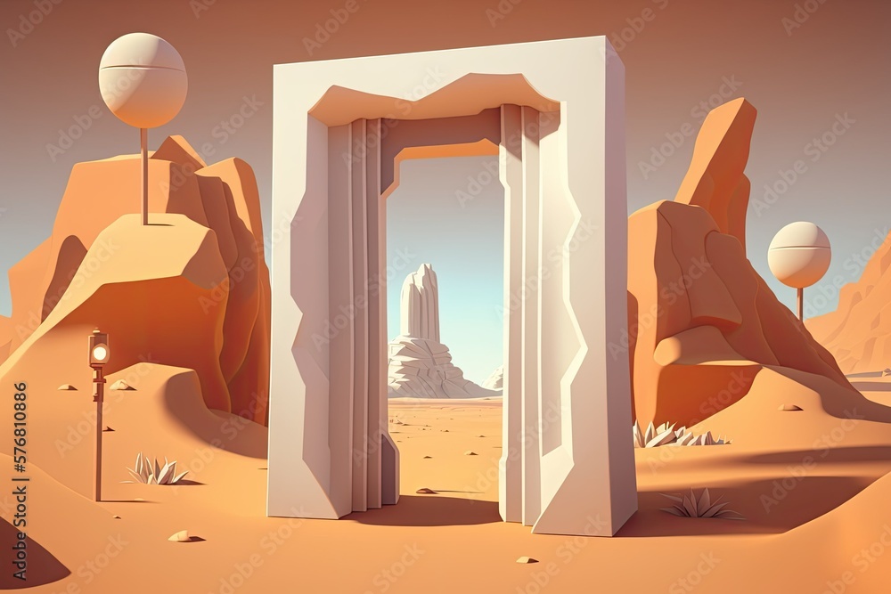 Unrealistic desert setting with square white gateways perched atop sand ridges. Minimalist, abstract