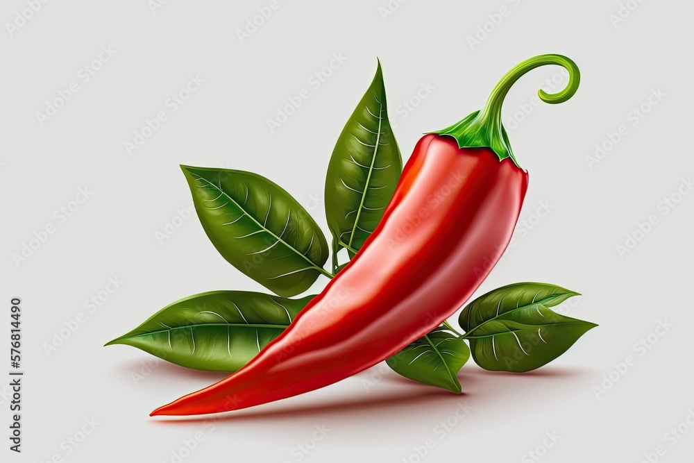 Isolated red chili pepper on white backdrop with clipping path, red chili pepper with leaf. Generati