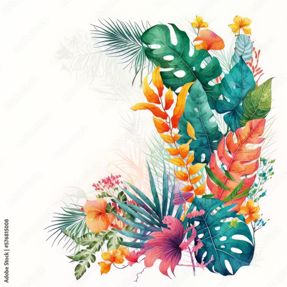 cute vivid colors watercolor border with tropical plants. Illustration AI Generative