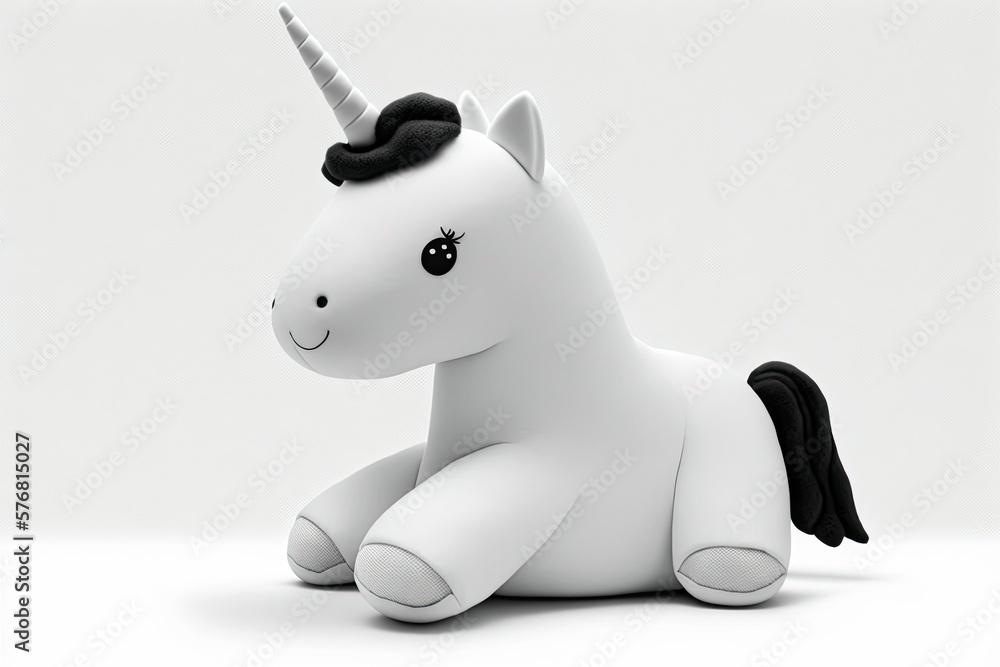 A white background features a fluffy plush unicorn toy, perfect for kids. Generative AI