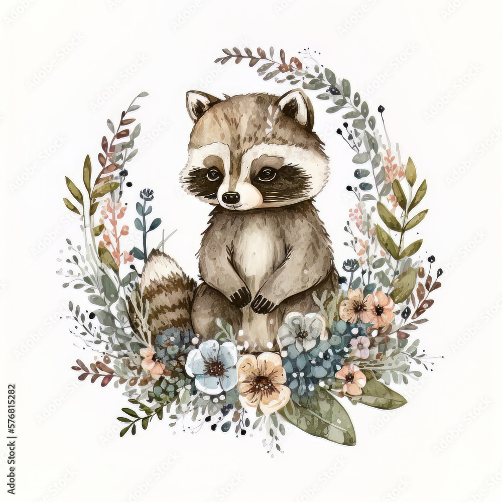 Watercolor forest cartoon isolated cute baby raccoon animal. Illustration AI Generative