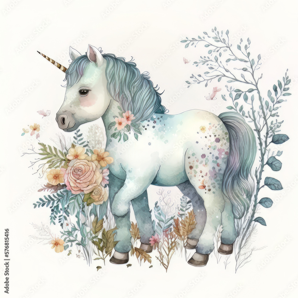 Watercolor forest cartoon isolated cute baby unicorn animal. Illustration AI Generative