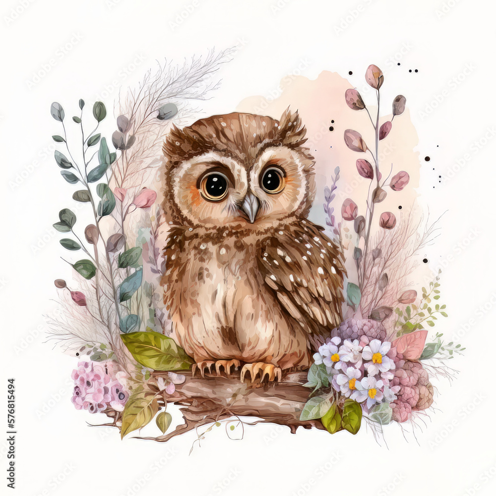 Watercolor forest cartoon isolated cute baby owl animal. Illustration AI Generative