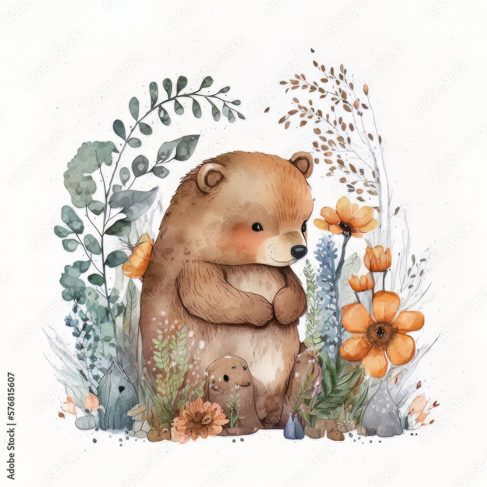 Watercolor forest cartoon isolated cute baby bear animal. Illustration AI Generative