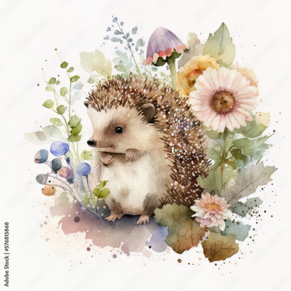 Animal Watercolor baby flower Hedgehog Woodland Nursery. Illustration AI Generative