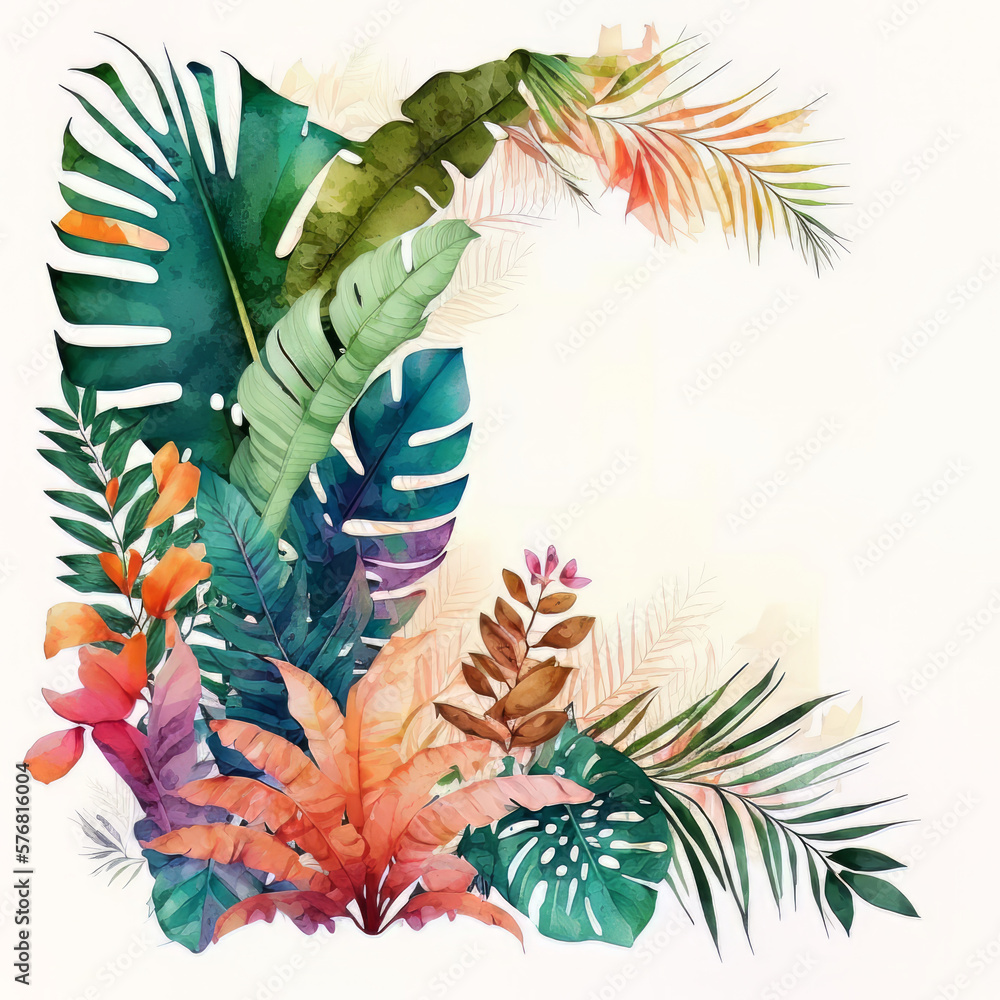 cute vivid colors watercolor border with tropical plants. Illustration AI Generative