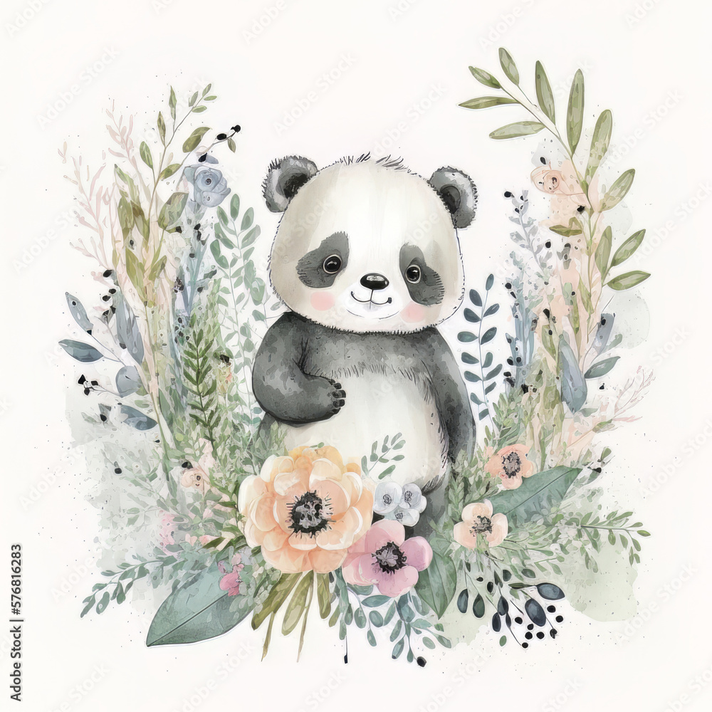 cute watercolor baby panda portrait on white background. Illustration AI Generative