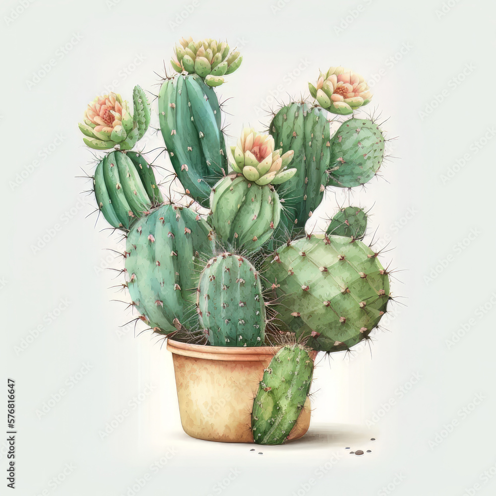 cute watercolor cactus on white background. Illustration AI Generative