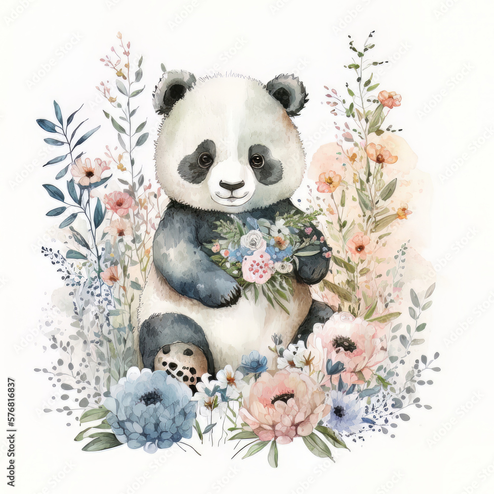 cute watercolor baby panda portrait on white background. Illustration AI Generative