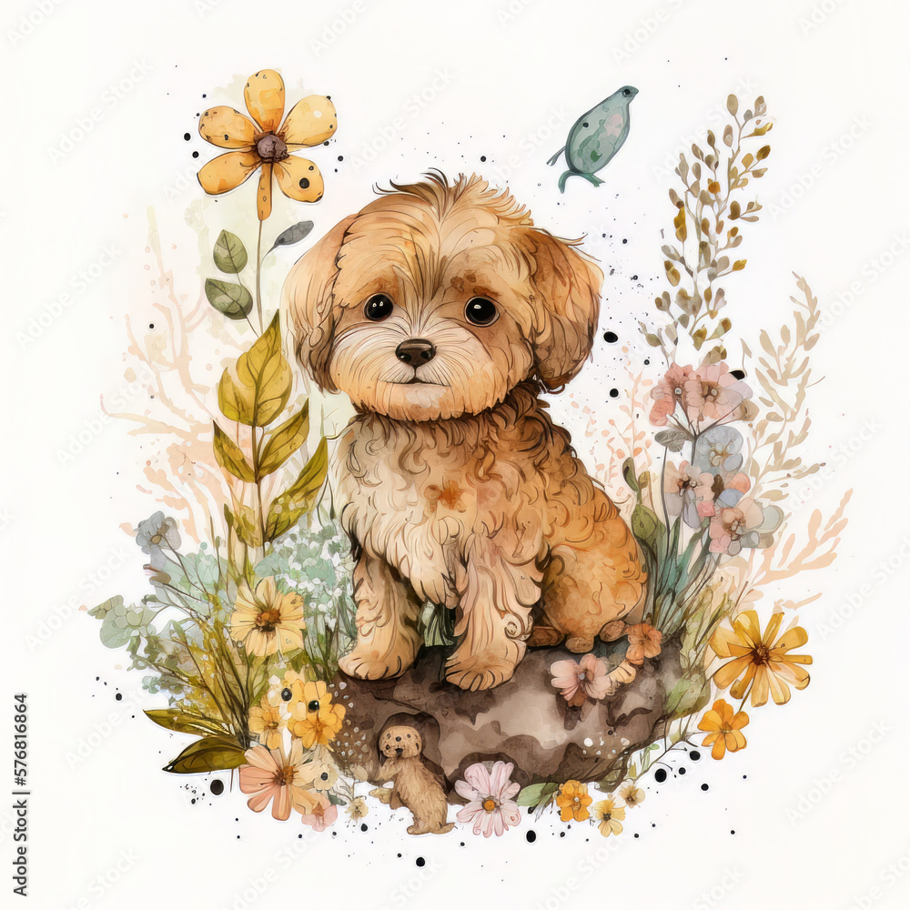 Watercolor forest cartoon isolated cute baby dog animal. Illustration AI Generative