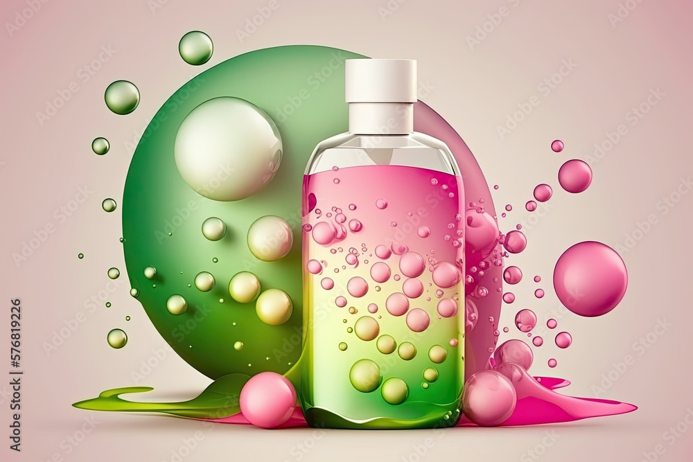 The air is filled with pink liquid bubbles. Boiling collagen. Idea for the beauty industry. Molecule