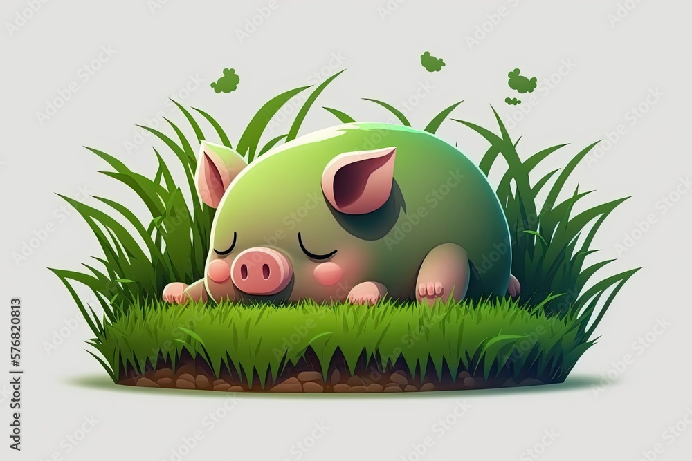 Plucky little piglet snoozing on the grass. Generative AI