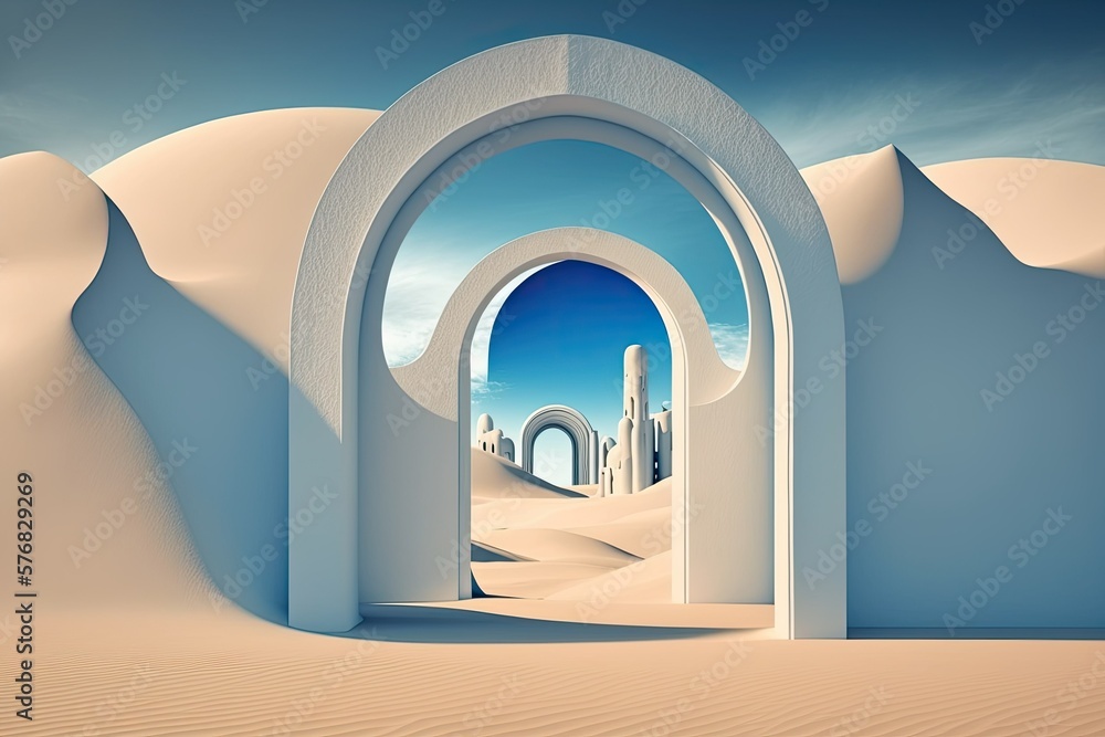 Eerie desert setting with white arched buildings. Sand dunes as a minimalist modern abstract fashion