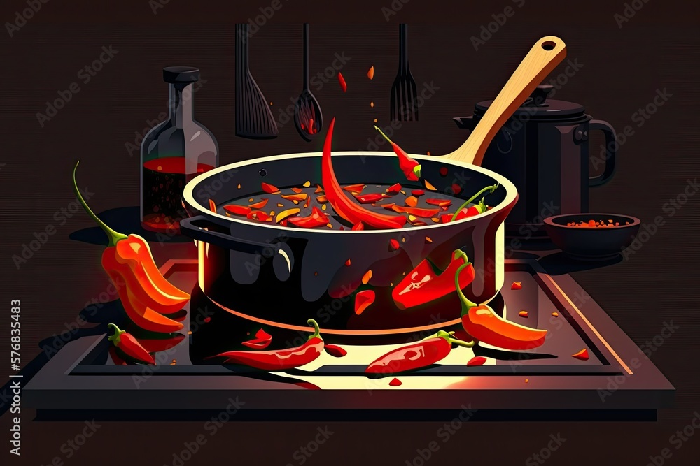 Close up of red chili peppers being cooked into a sauce on a black kitchen table. Generative AI