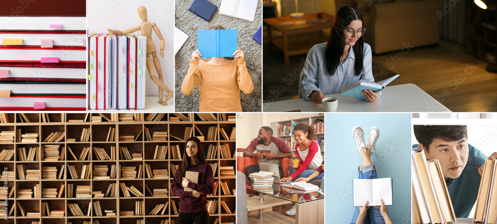 Collage of different people with books