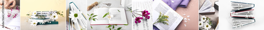 Set of books with fresh flowers and leaves